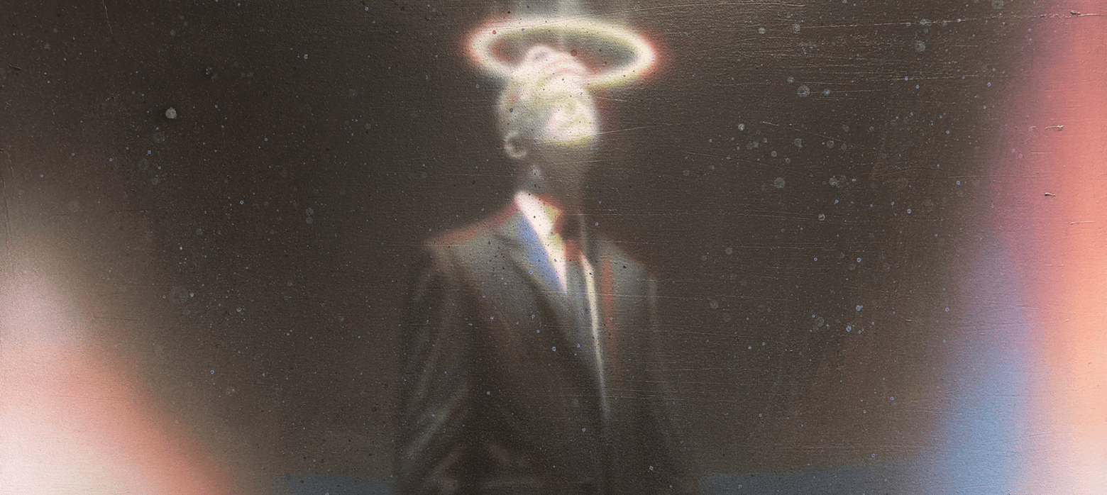 acrylic painting of a man wearing a black suit, he stands in space with a halo around his head